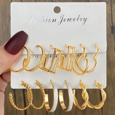 Pearls Metal Circle Vintage Twist Geometric Hoop Earrings Set (3 pairs)